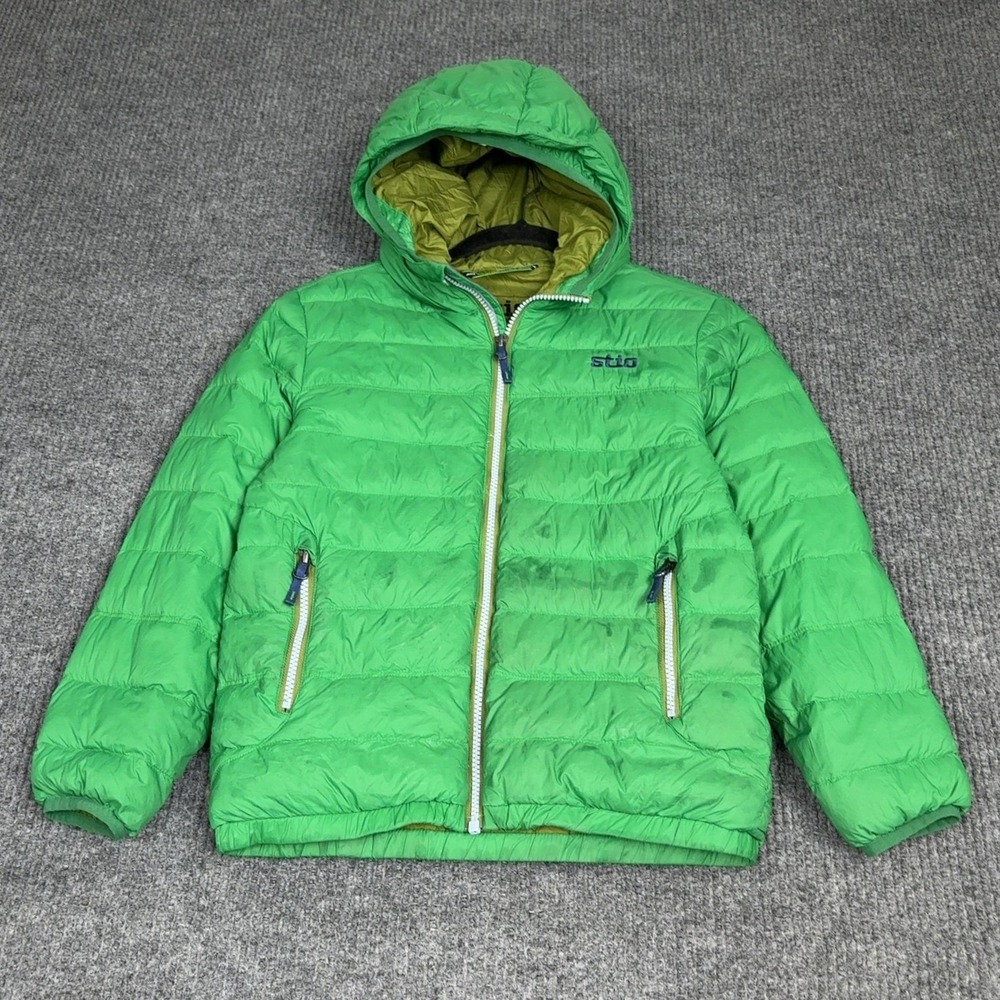 Stio Puffer Jacket Kids 10 Green Goose Down Hooded Insulated Packable Puffy